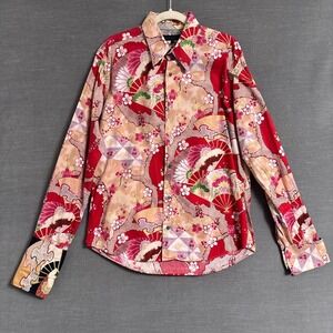 Ted Baker Shirt S Red Pink Japanese Asian Floral Double French Cuff Cotton Retro